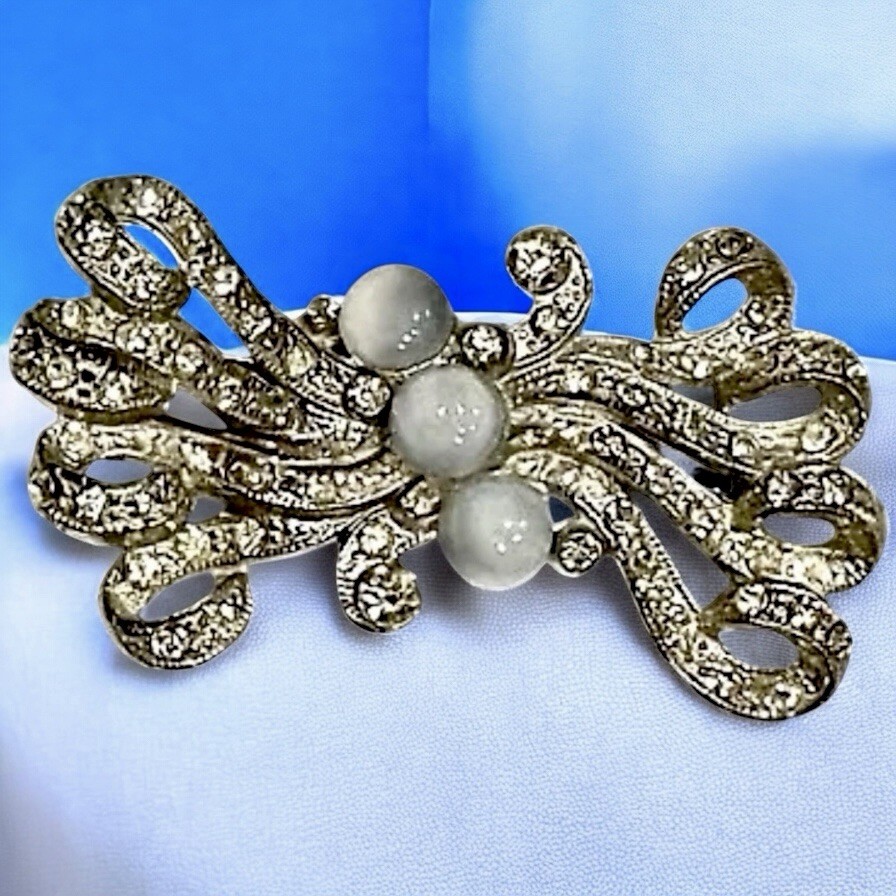 Vtg BLUE GREY STONES & RIBBON Brooch Pin Rhinestones Silver Tone 12g EUC