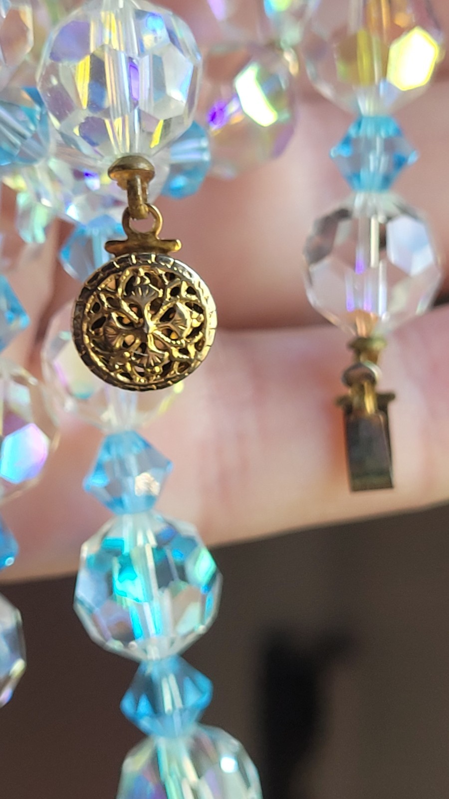 Vintage Czech 25” Necklace Crystal AB Aurora Borealis Faceted Blue Ball Glass