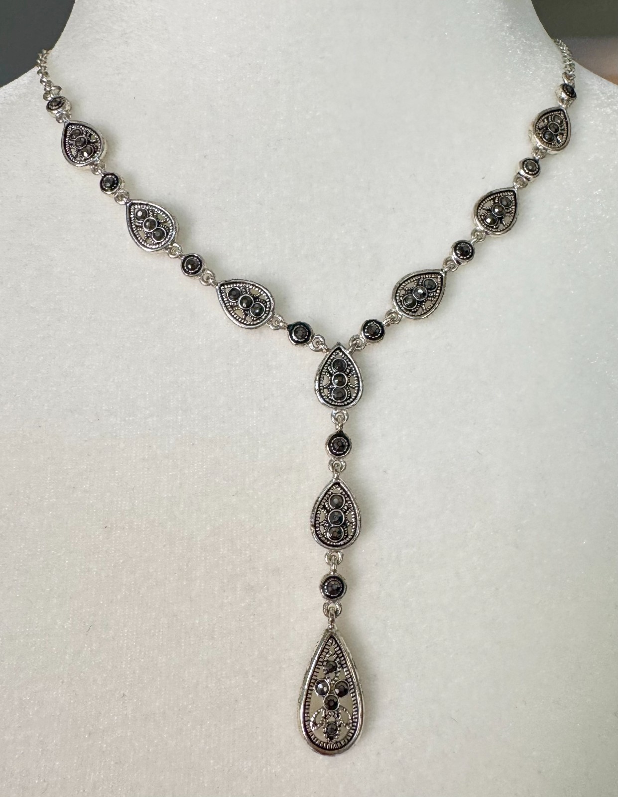 Vintage Crown Trifari Y Necklace, Faux Marcasite Teardrop Drop Pendant