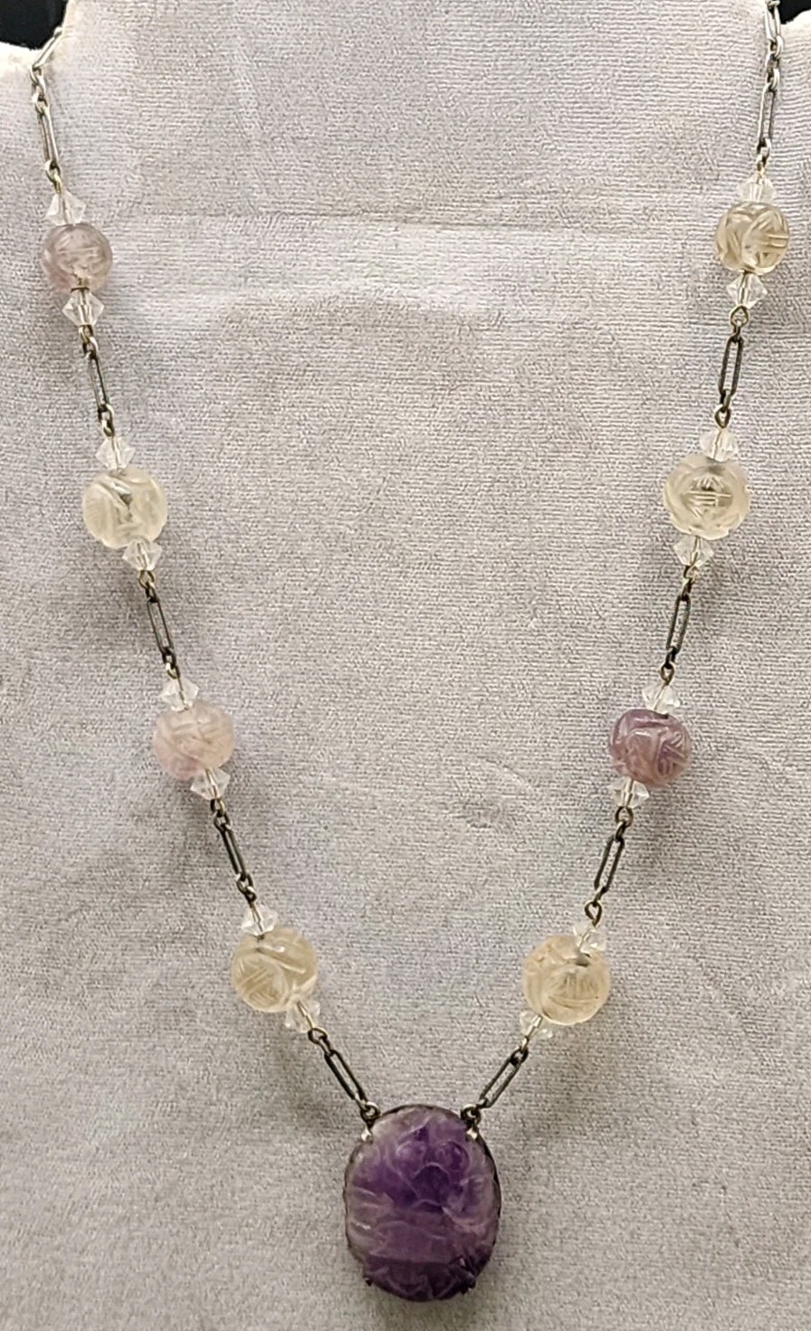 Antique Art Deco Chinese Carved Purple Amethyst Bead Necklace w/Carved Pendant