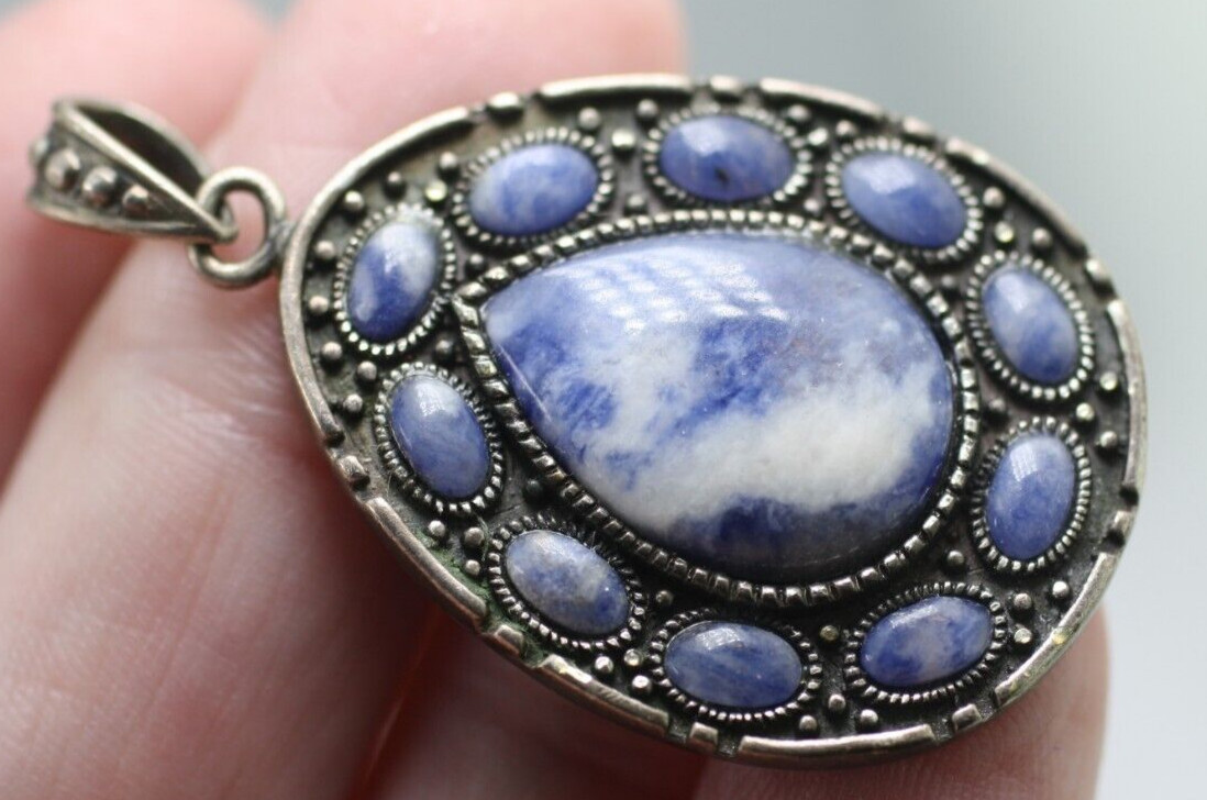 DBJ Sterling Silver 925 blue lapis cabochons tear drop shaped pendant 1 5/8″