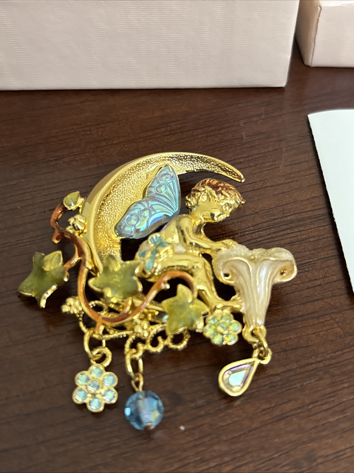 Vintage Kirks Folly Gold Fairy on Crescent Moon Dangle Brooch w Charms 2″