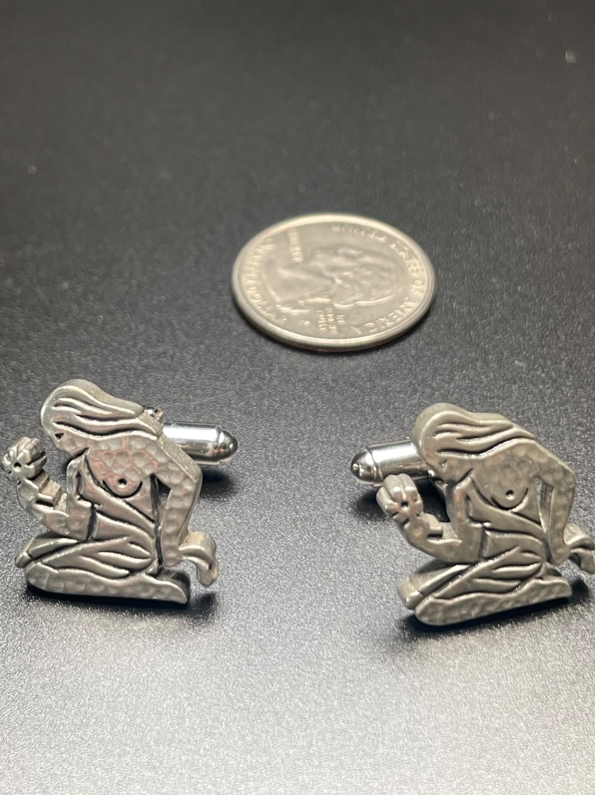 Vintage Art Deco Kneeling Siren Cufflinks Sculptural Novelty Silver Tone