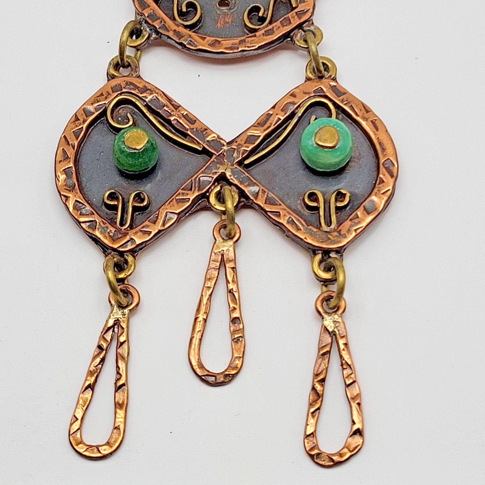 Vintage Casa Maya Copper Brass Green Stone Statement Pendant Necklace as-is ~24″