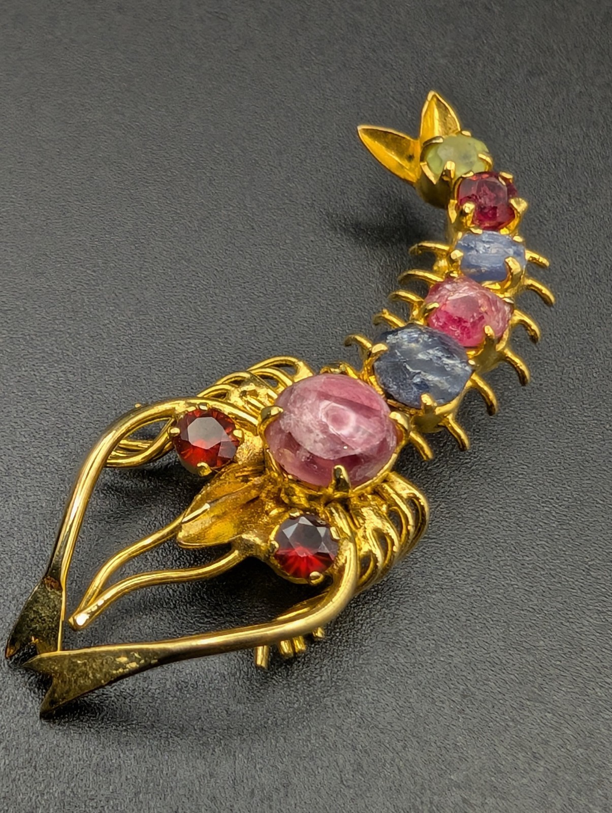 10K Gold & Gemstone Shrimp Brooch. Garnet, Ruby, Sapphire, Peridot(raw&Polished)