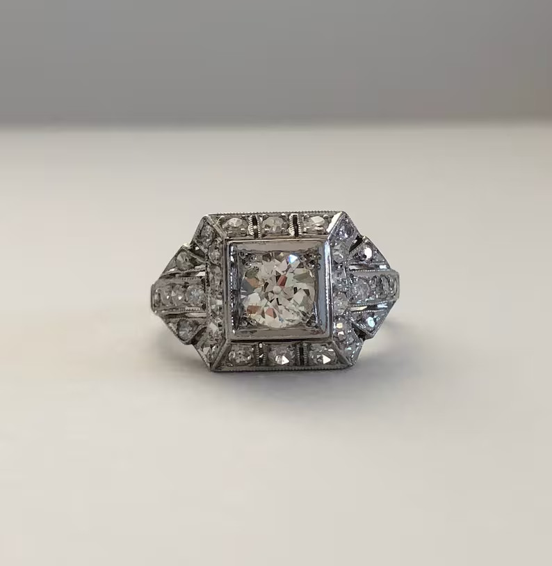 1920s Art Deco Engagement Ring Old European Cut 0.5ct Silver Antique Vintage