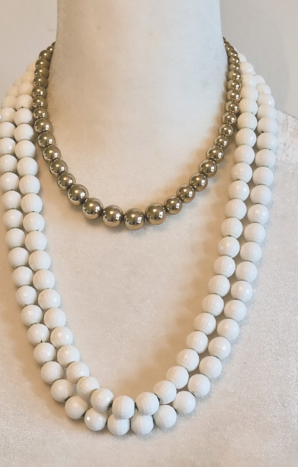 Vintage Monet White Glass Acrylic & Gold Tone Wire Strung Bead Necklace Lot
