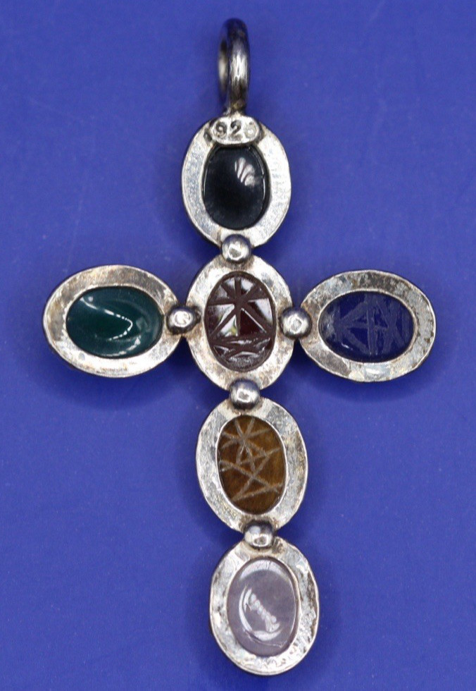 Vintage South Western Sterling Silver Multi Stone Cross Pendant #BG1