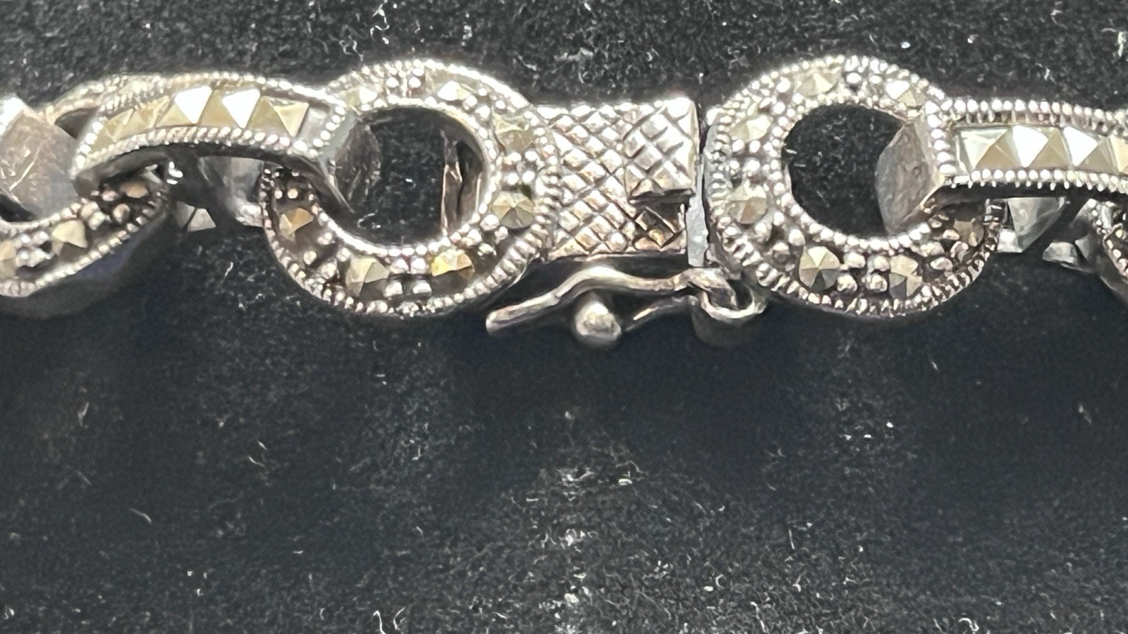 Gorgeous Deco 925 Sterling & Marcasite Circles Bar Link Necklace 19″. 76Grams