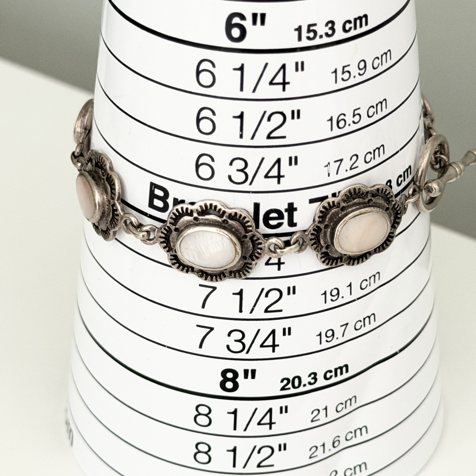 Vintage 925 Sterling Silver Mother Of Pearl Southwestern Flower Bracelet 7″