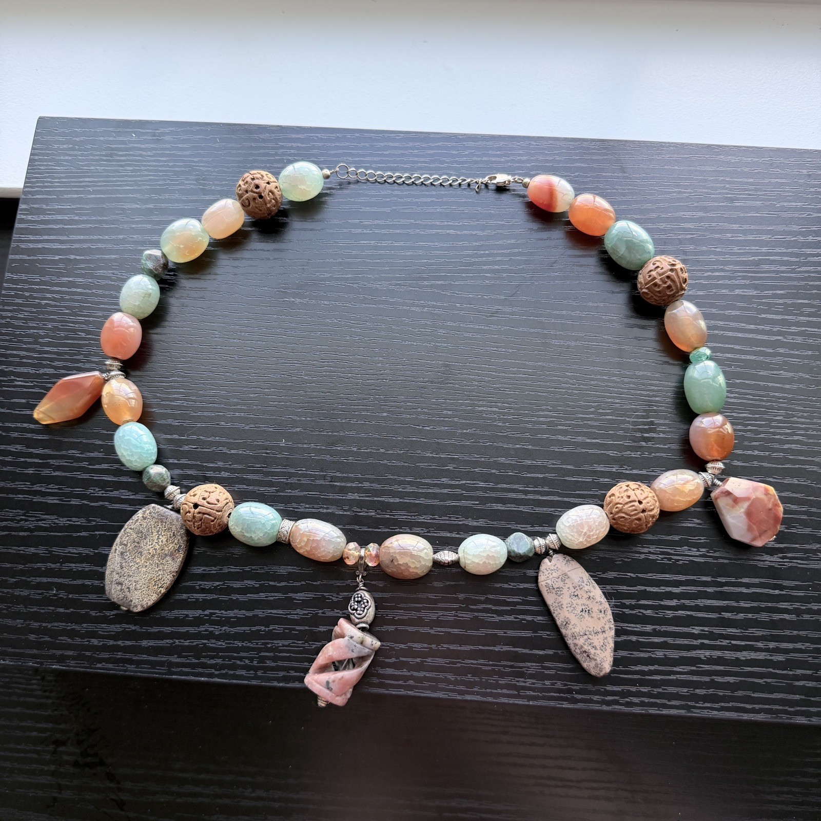 Multiple Large Stones and Wood Beads with Sterling Accents and Clasp Necklace