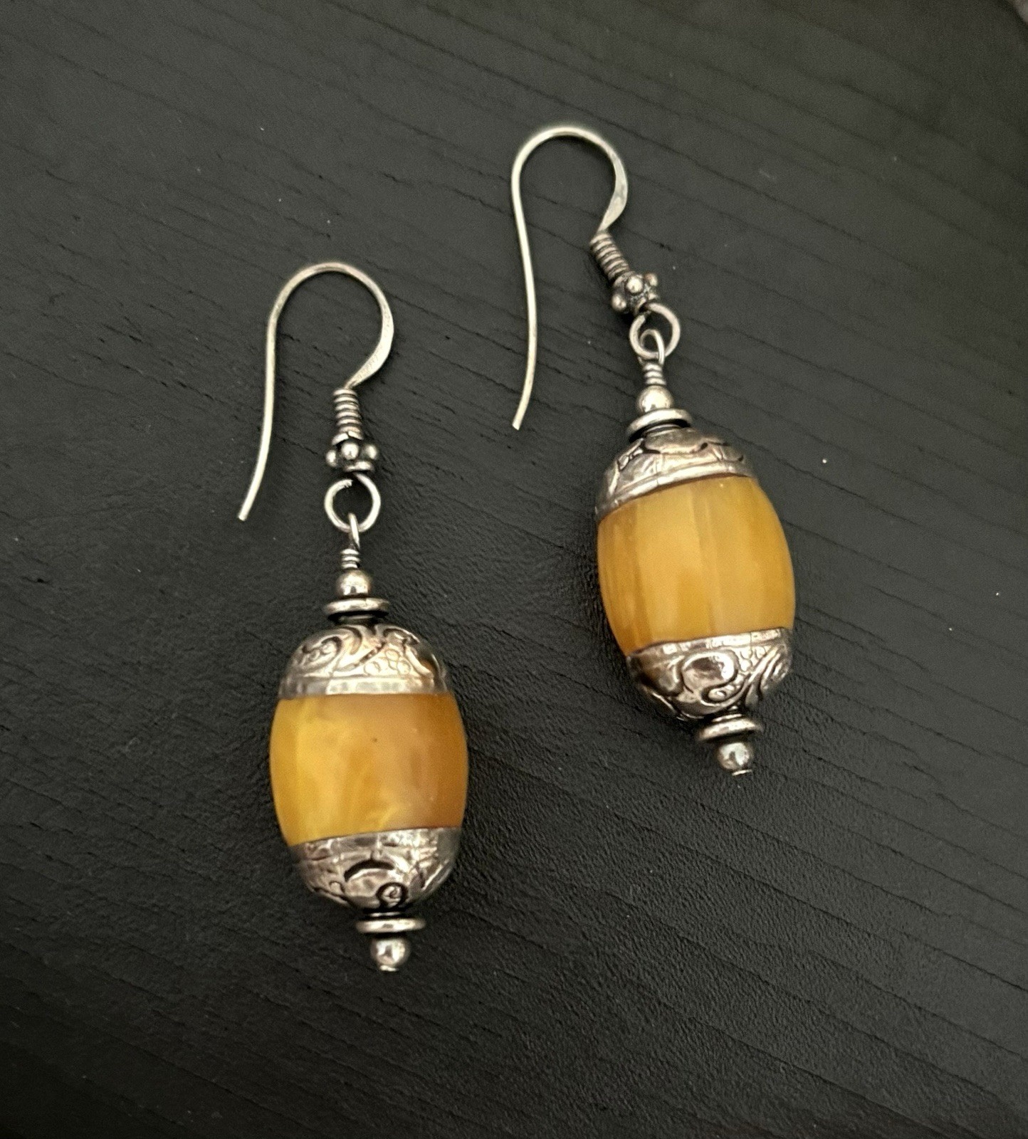 Amber Resin & Sterling Earrings Tribal Beads From Nepal Dangle Style 2” Vtg