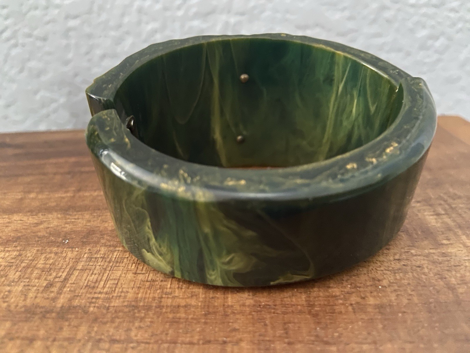 Highly Carved Dark Green Bakelite Bangle Bracelet Art Deco Marbled Vintage