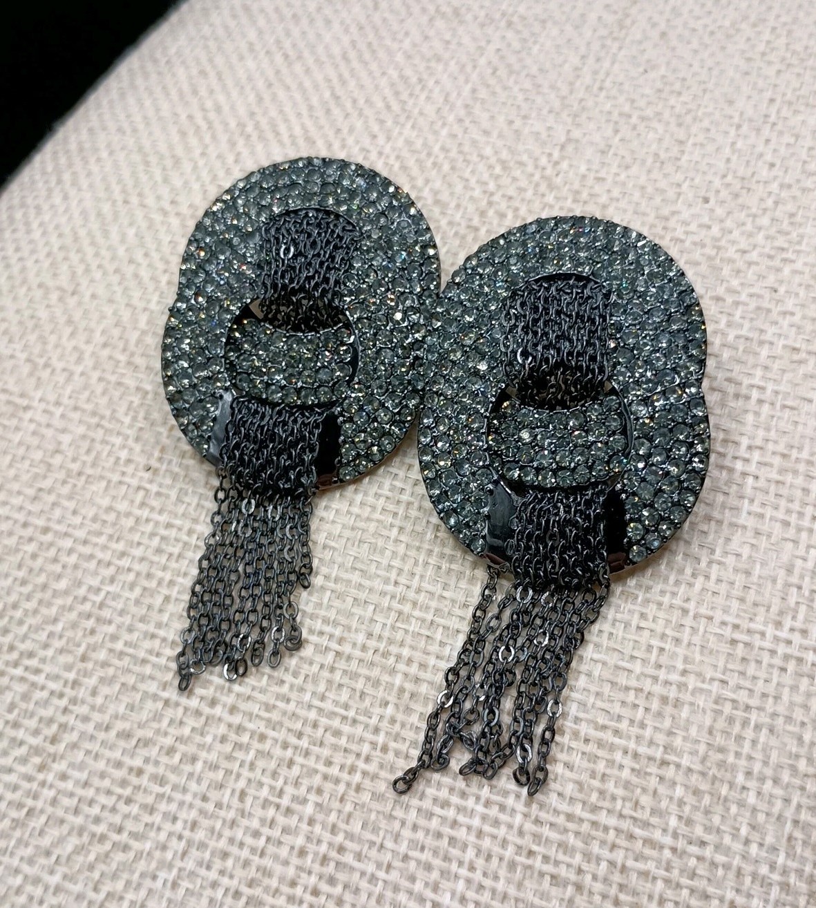 Joan Boyce Rhinestone Pierced Earrings Tassel Hoop Black HSN Signed In Box VTG