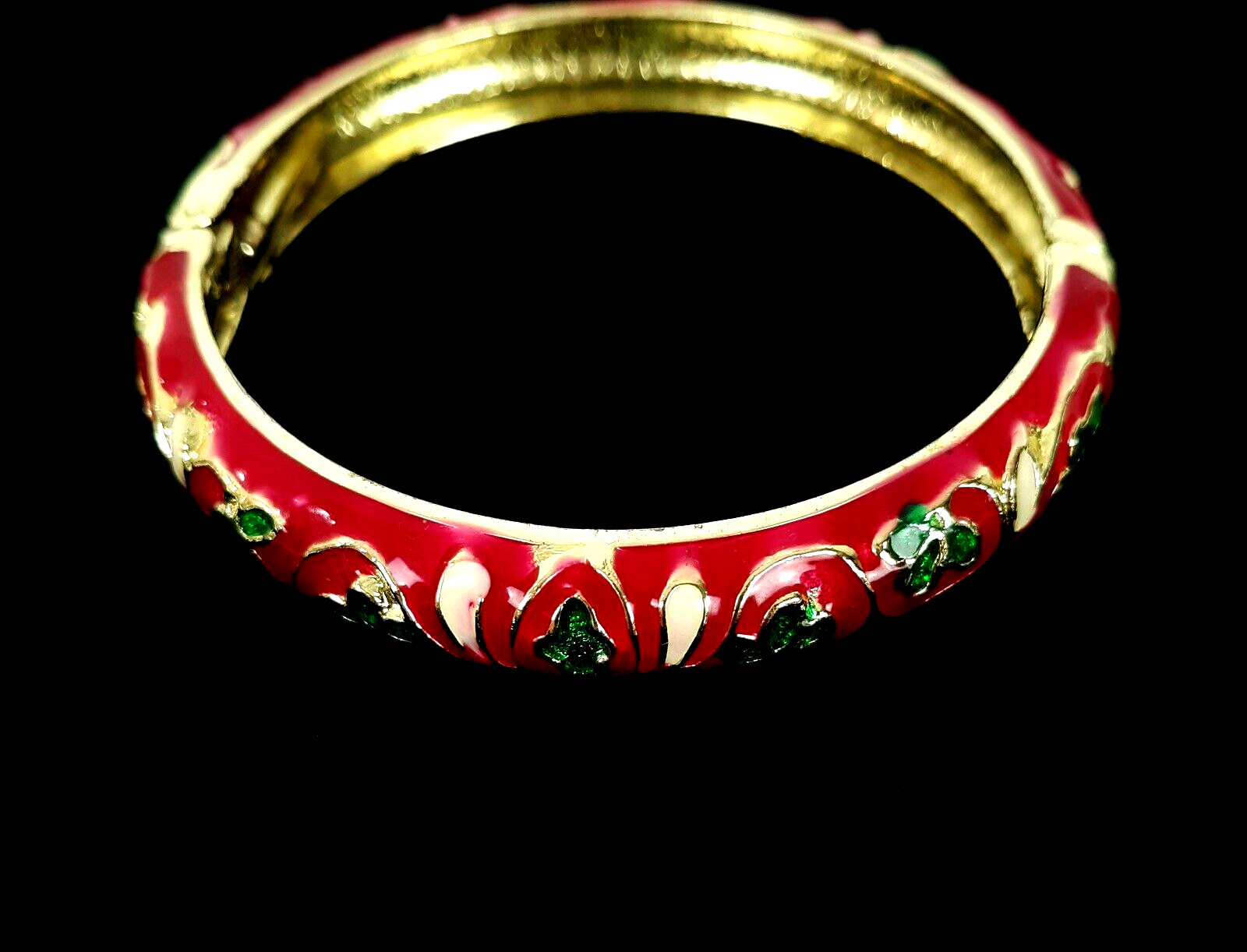 Cloisonne Style Bangle Bracelet Red Enamel Floral Pattern Hinged Opening
