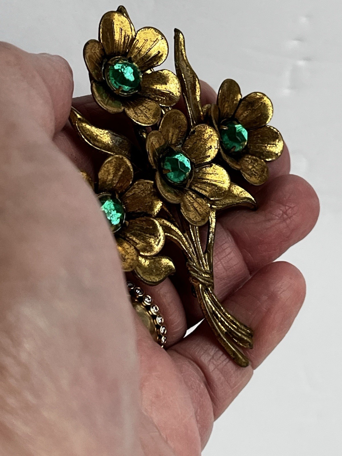 Vintage 1940’s Large Gold Tone Floral Sprig Brooch With Green Rhinestones