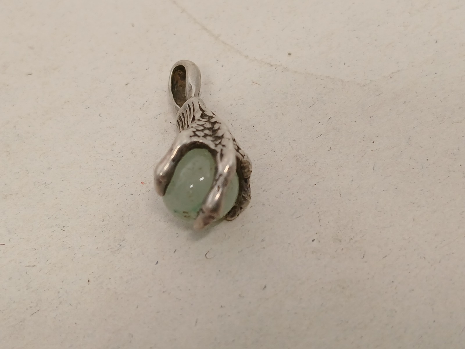 Vintage Silver Tone Claw Pendant Green Stone Metal Detecting Find Sterling?