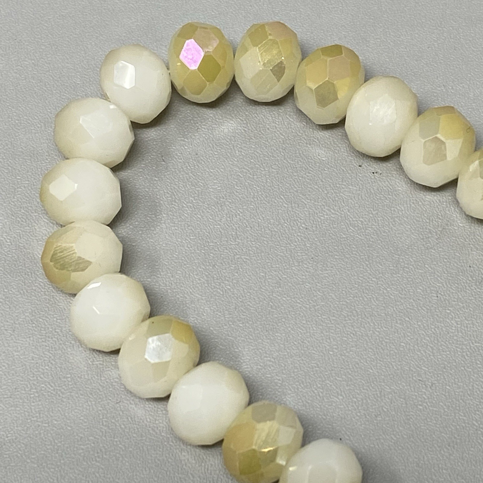Glass Beaded Bracelet White Opaque Yellow Fire Polished Faceted Stretch 7″