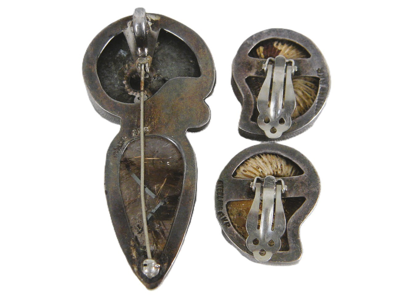 Vintage Amy Kahn Russell Sterling Silver Brooch Pin And Clip On Earring Set