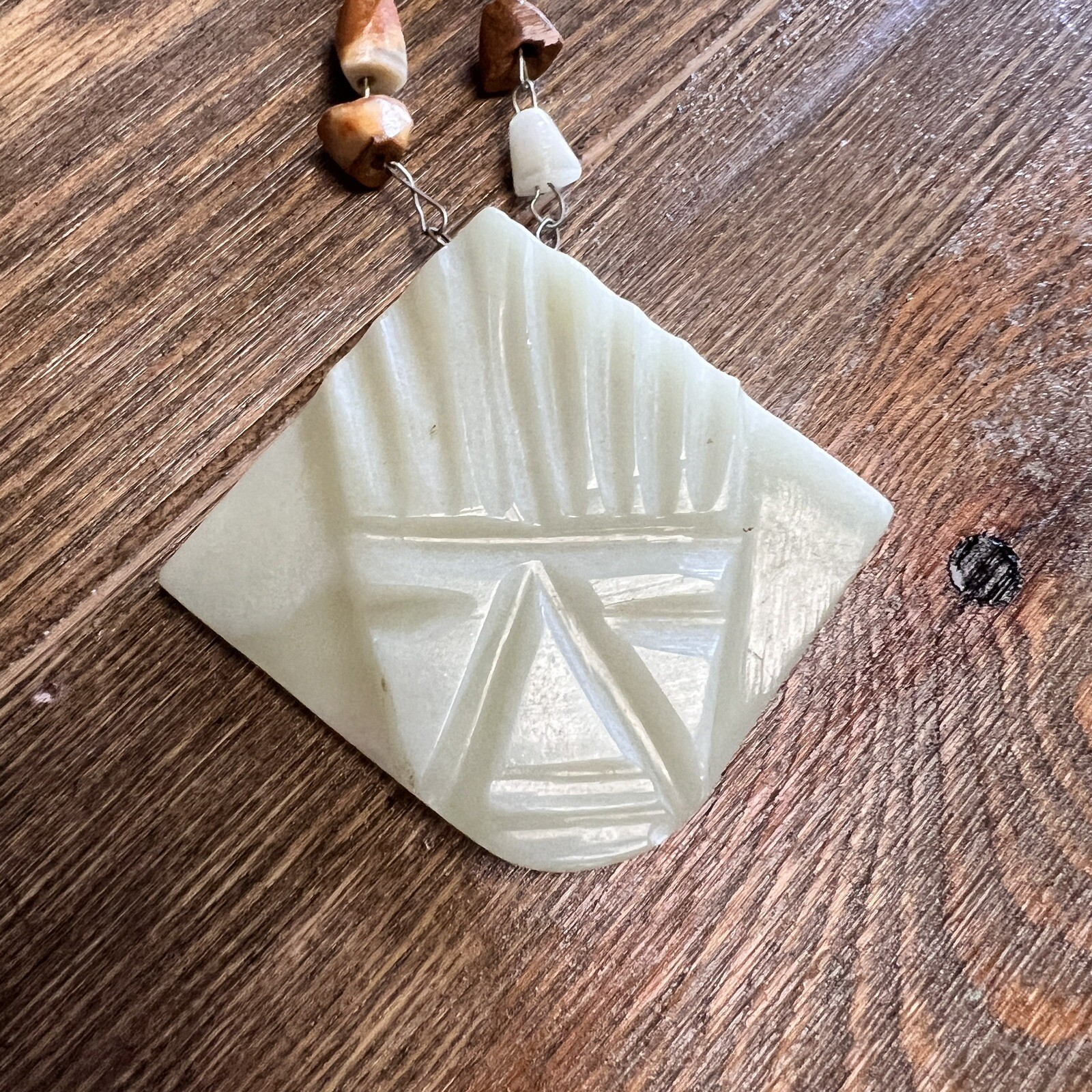 Aztec Hand Carved Stone Necklace Brown White Marble Onyx Alabaster Vintage