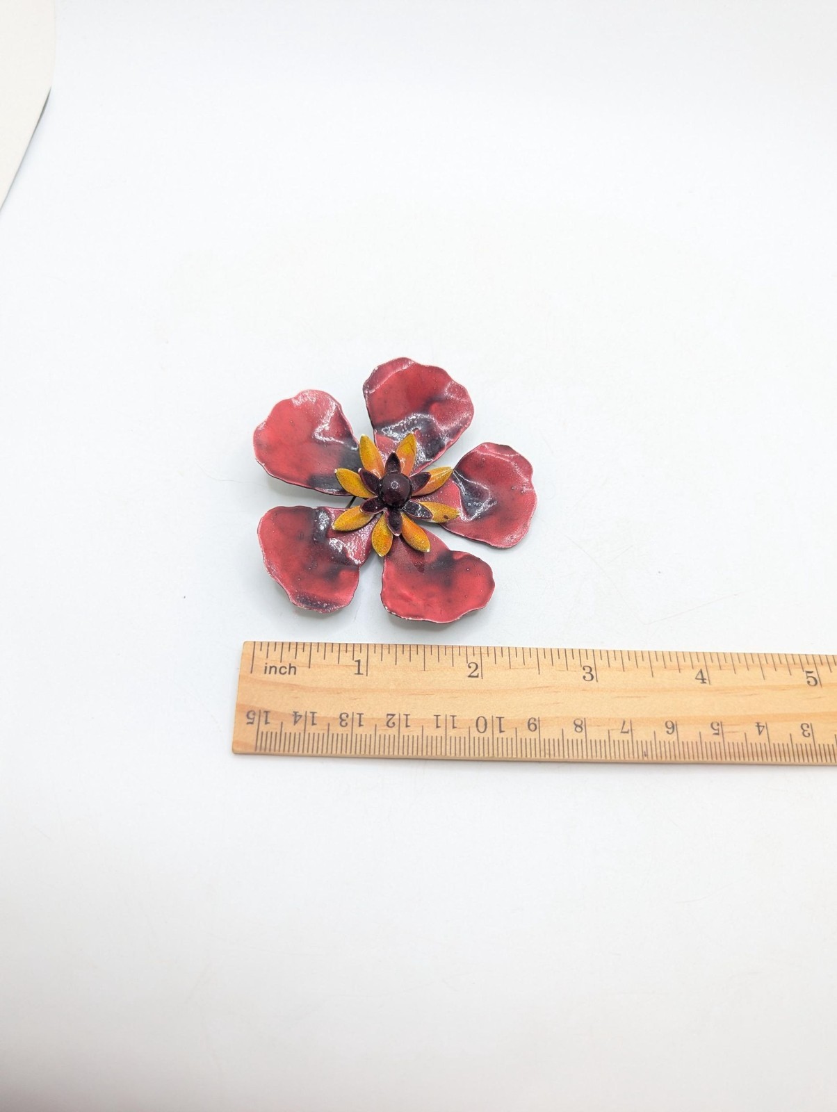 Vintage Poppy Flower Red Orange Brooch Lapel Pin Enamel Floral Costume Jewelry
