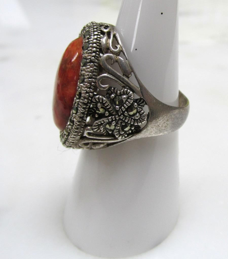 Sponge Coral Sterling Silver Ring w/ Marcasites ~ Size 6.5 ~ 9.8g ~ 12-A682