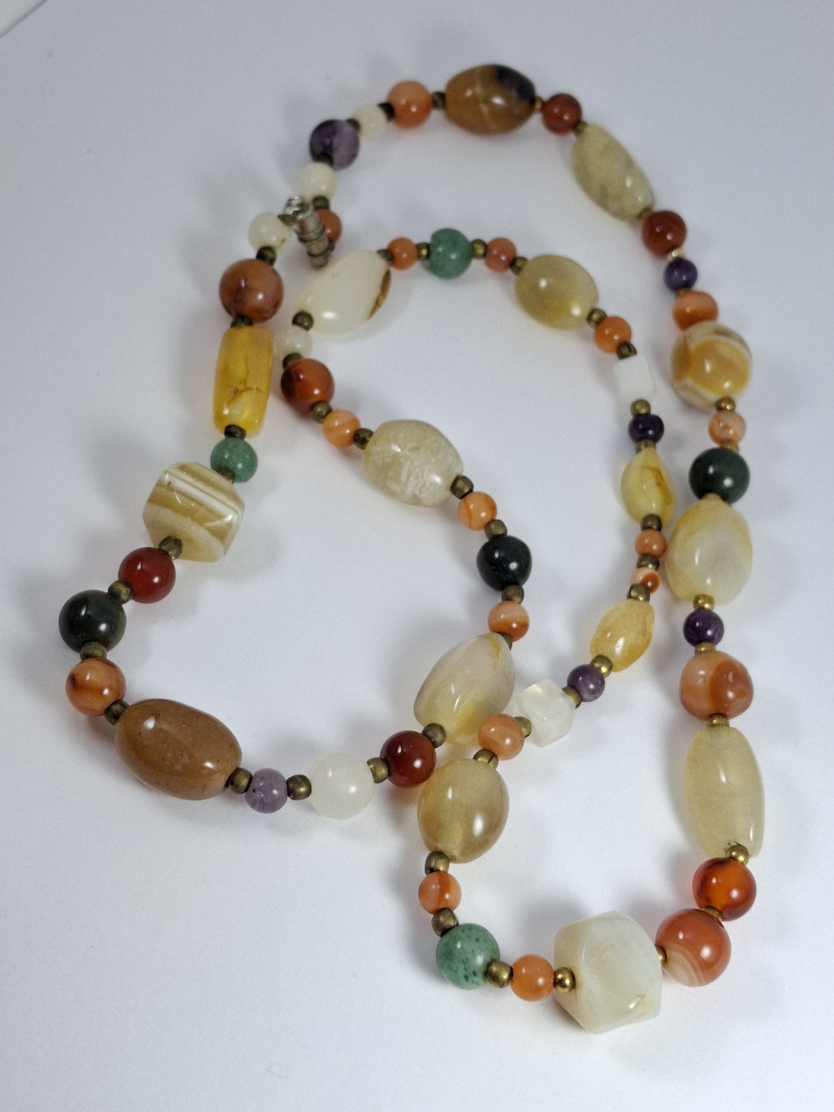 Vintage Necklace Polished Stones Earthtones Mod Boho hippy westerncore brass