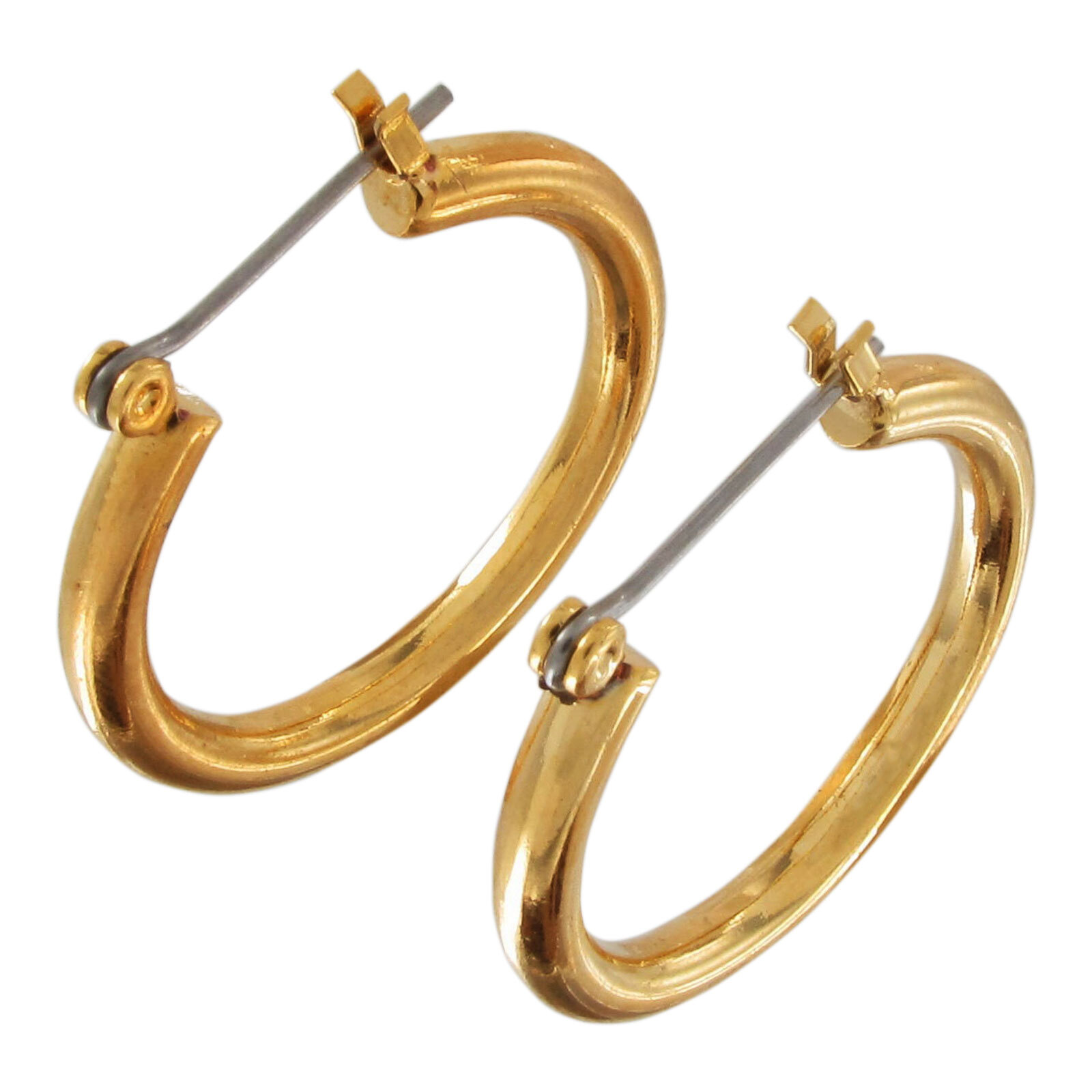 Gold Tone Solid Plain Simple Small Hoop Earrings Pierced Snap Down 7/8″