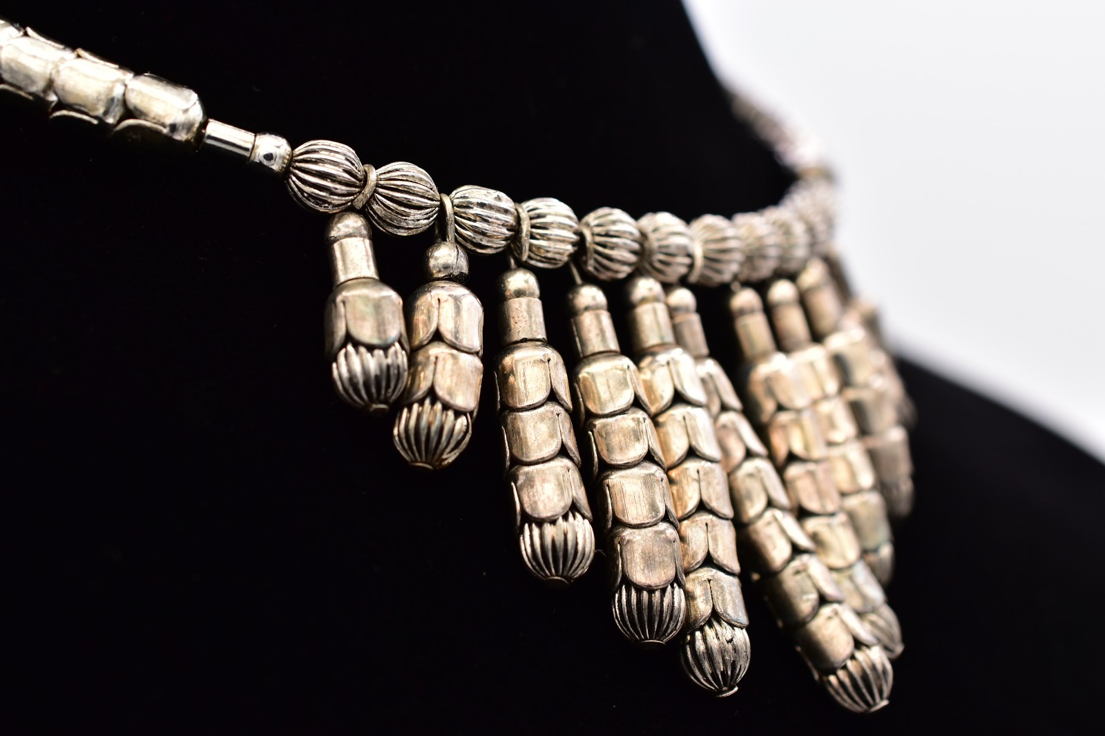 Vintage Silver Choker Fringe Statement Necklace Tribal Dangle Bib 1970s Bin3B