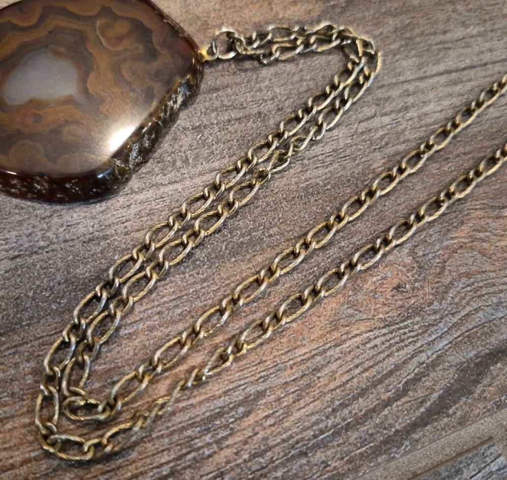 Vintage Stone & Mixed Metal Necklaces, Chipped Tiger’s Eye & Agate Slice Pendant