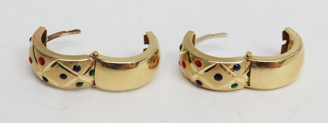 BEAUTIFUL 14K GOLD GREEN, RED & BLUE STONES HUGGIES EARRINGS
