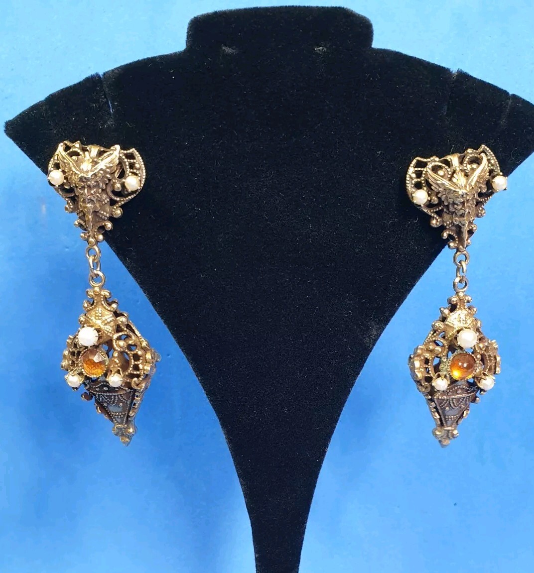 Vtg Old Man Of The Forest Antique Brass Earrings Whimsical Fantasy Fairy Tale