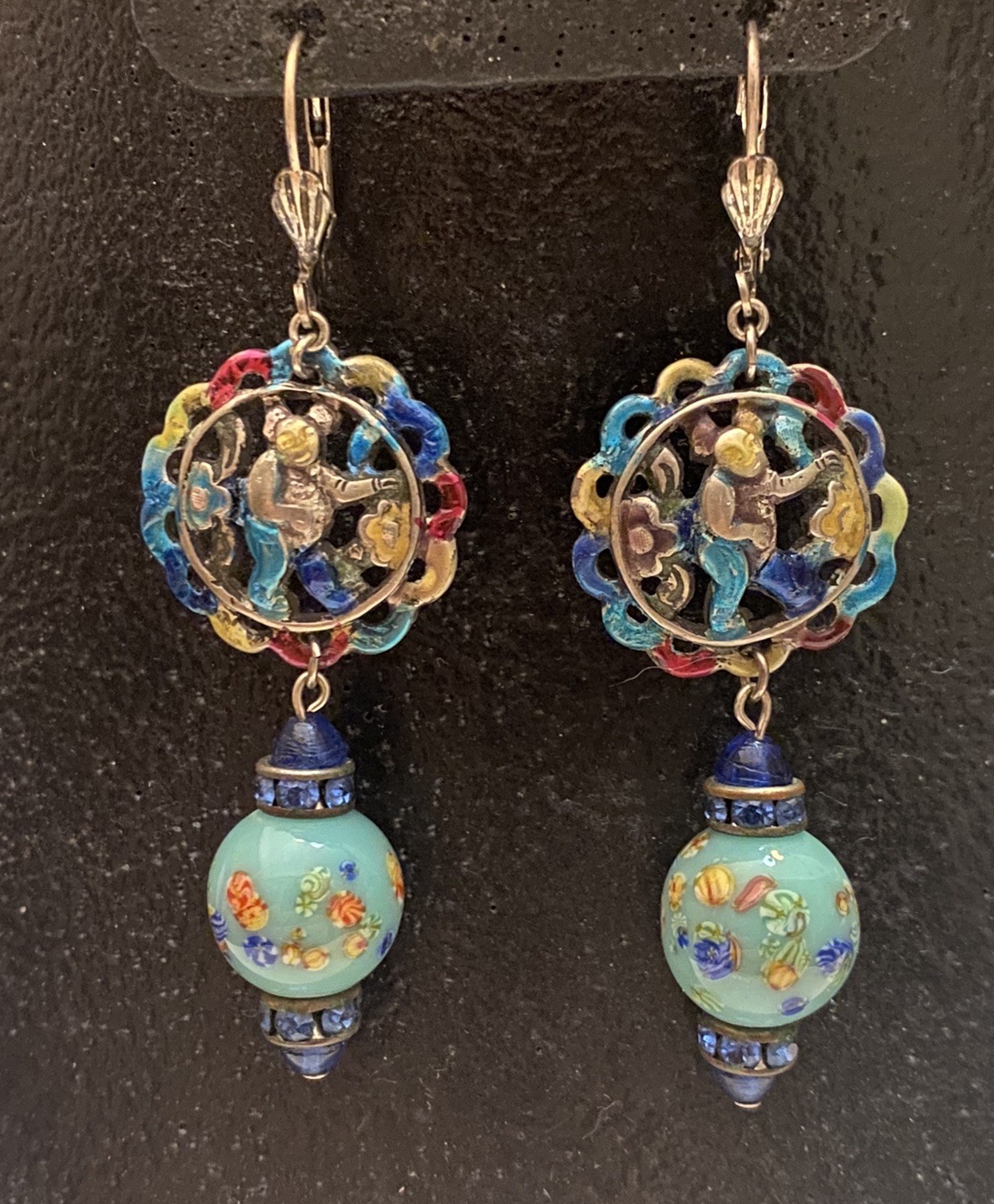 Vintage Asian Themed Colorful Ronde Bosse Enamel Art Glass Rhinestone Earrings