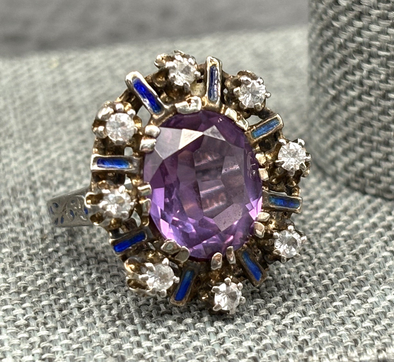 Vintage Huge Purple Sapphire Sterling Silver Blue Enamel Cocktail Ring Size 5.5