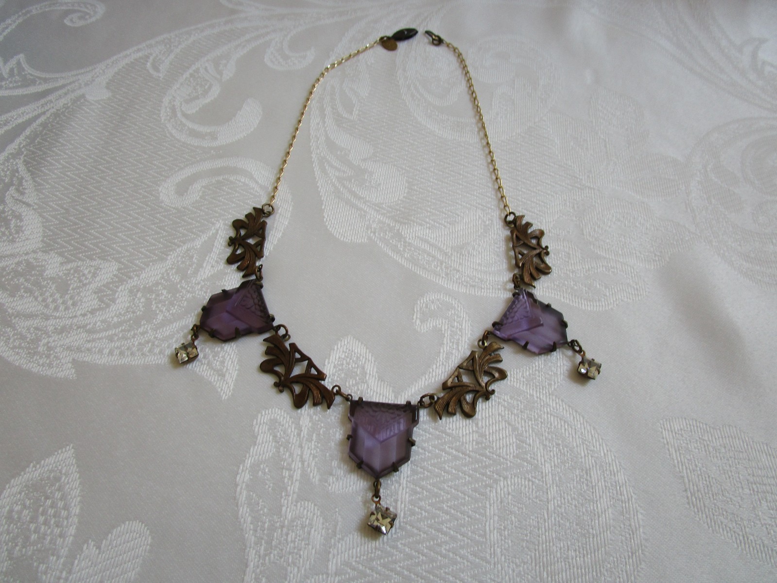 Vintage Glass Works Studio Purple Glass Clear Rhinestone Necklace 19” L Rare