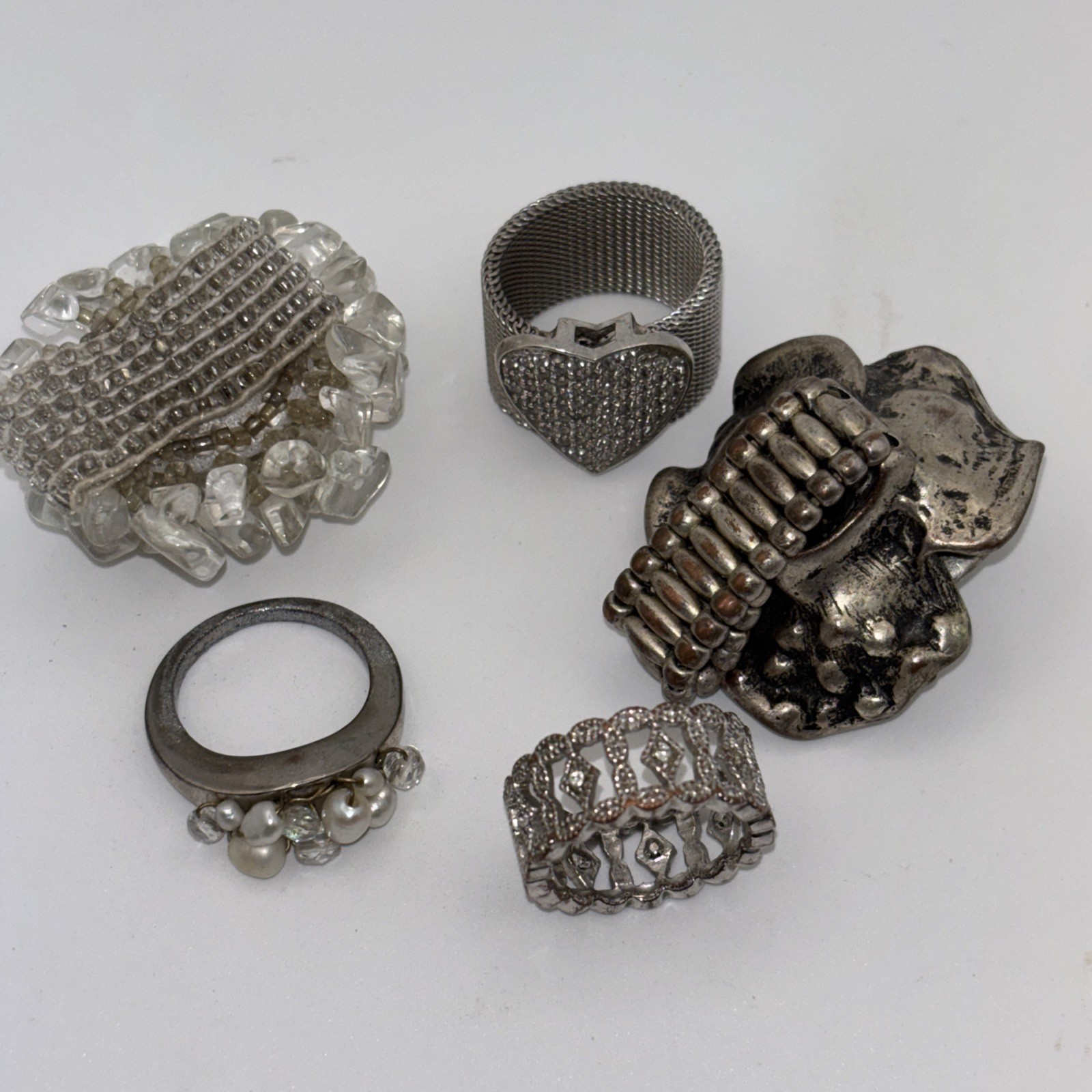 Vintage Costume Jewelry Lot Of 5. Flowers, Heart, Jewels, And More. Various Size