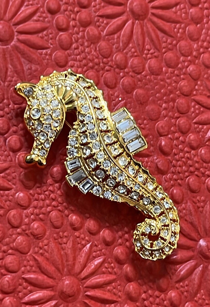 Nolan Miller Goldtone Seahorse Brooch Clear Round And Emerald Cut Rhinestones