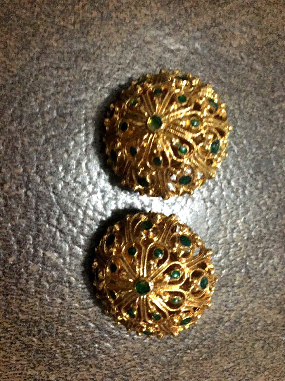 VINTAGE ORENA PARIS GOLDTONE GREEN STONE CLIP EARRINGS SIGNED