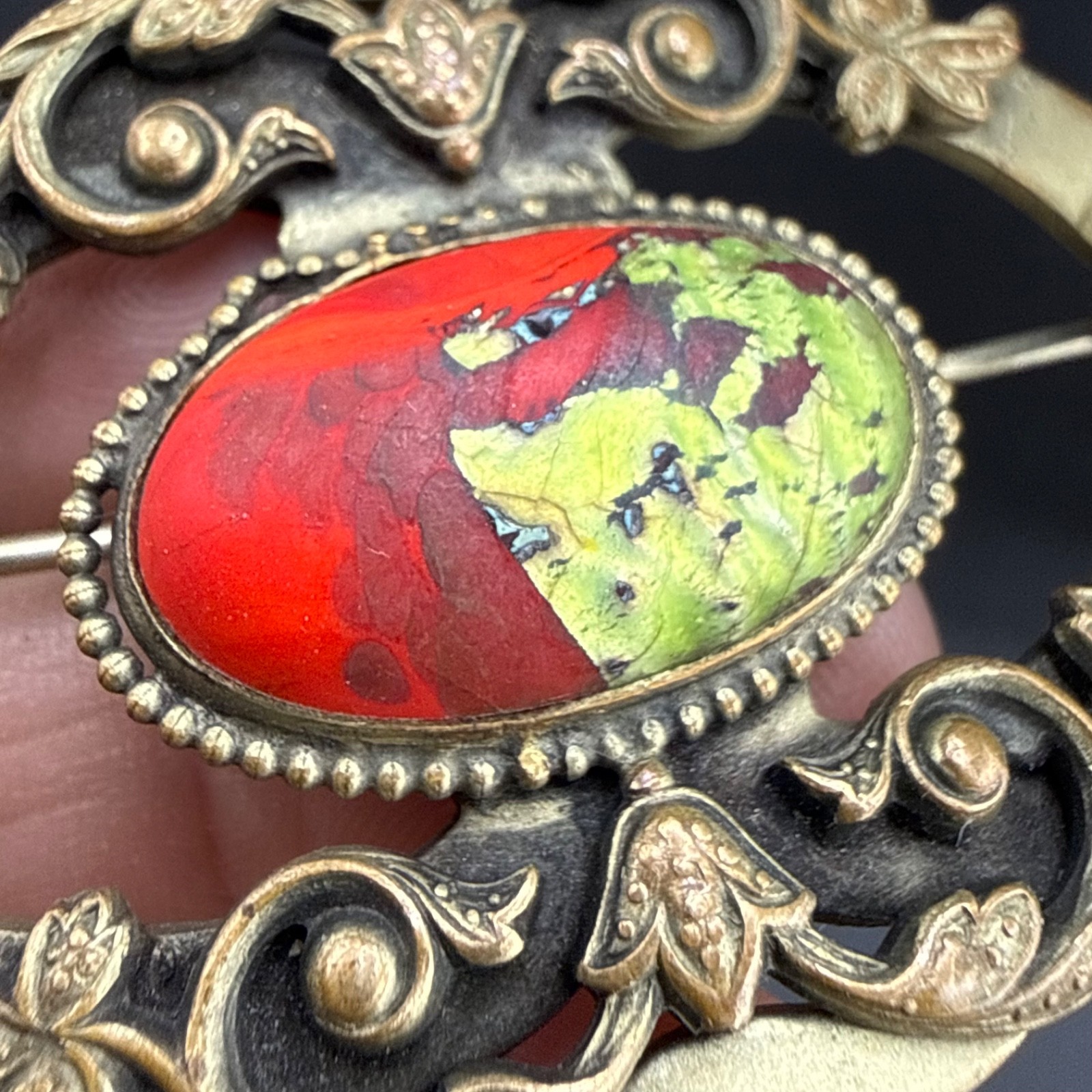 Vintage Victorian Czech Foil Art Glass Brooch Sash Pin Red Green