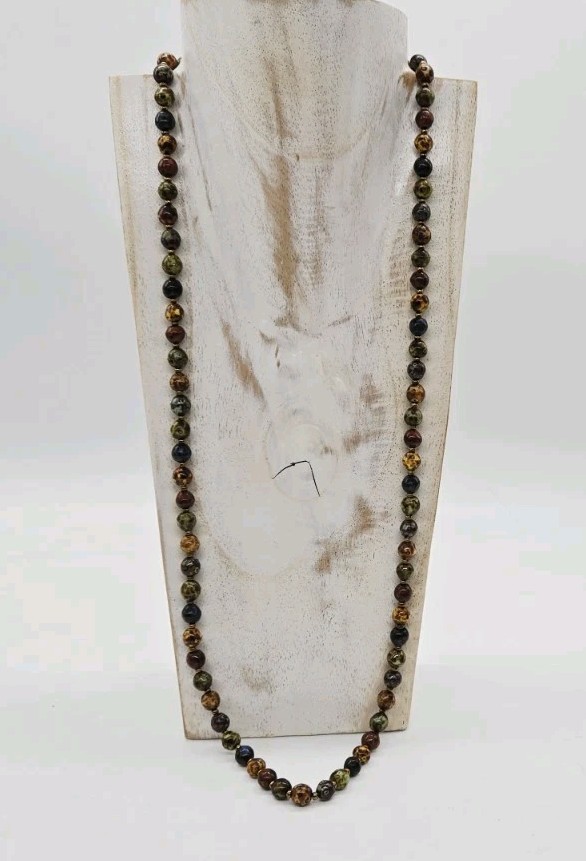 Vintage Faux Scottish Agate Stone Murano Glass Beaded Necklace Earth Tones 30 in