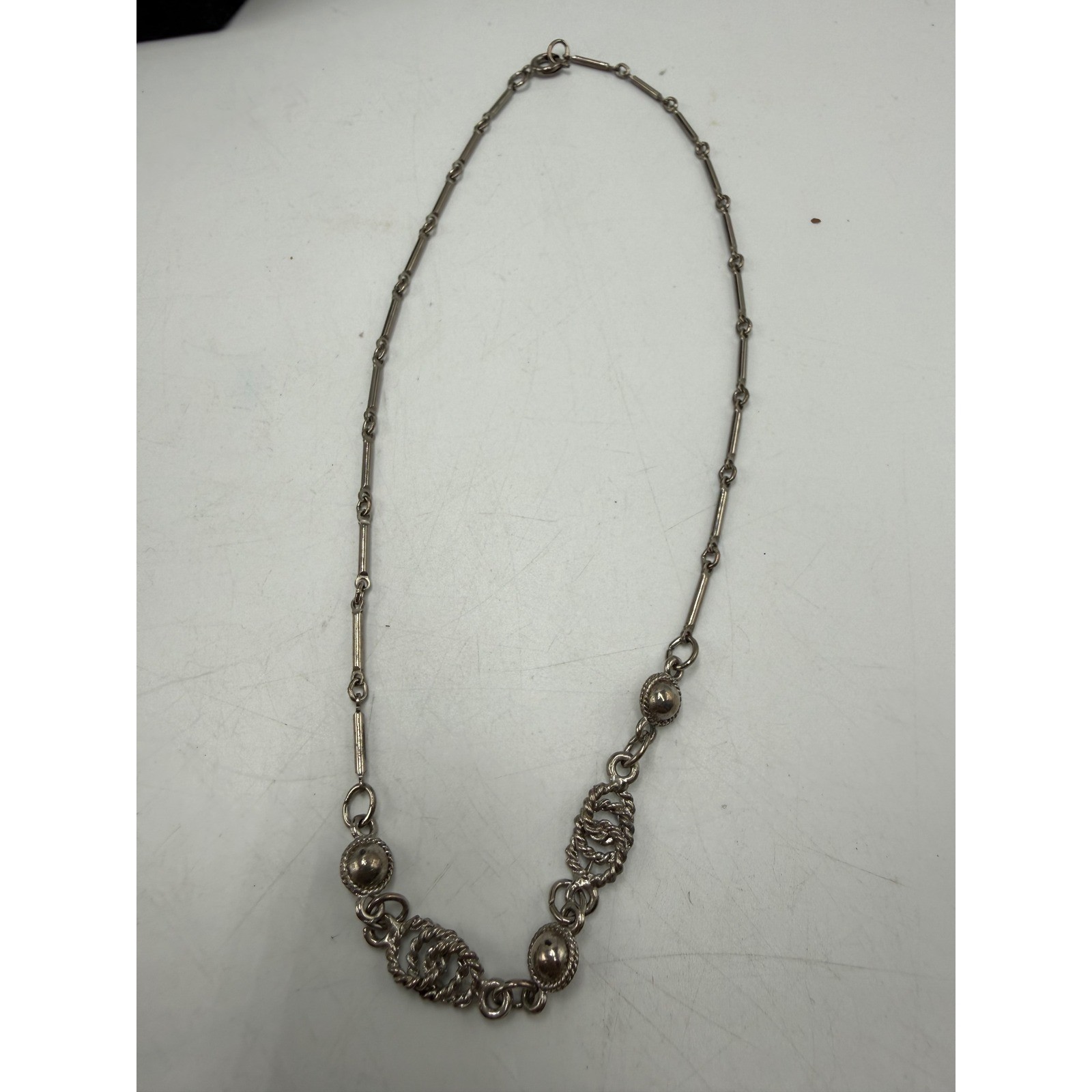 Vintage Silver Tone Bar Link Station Necklace Ornate Rope Openwork 15 Inch