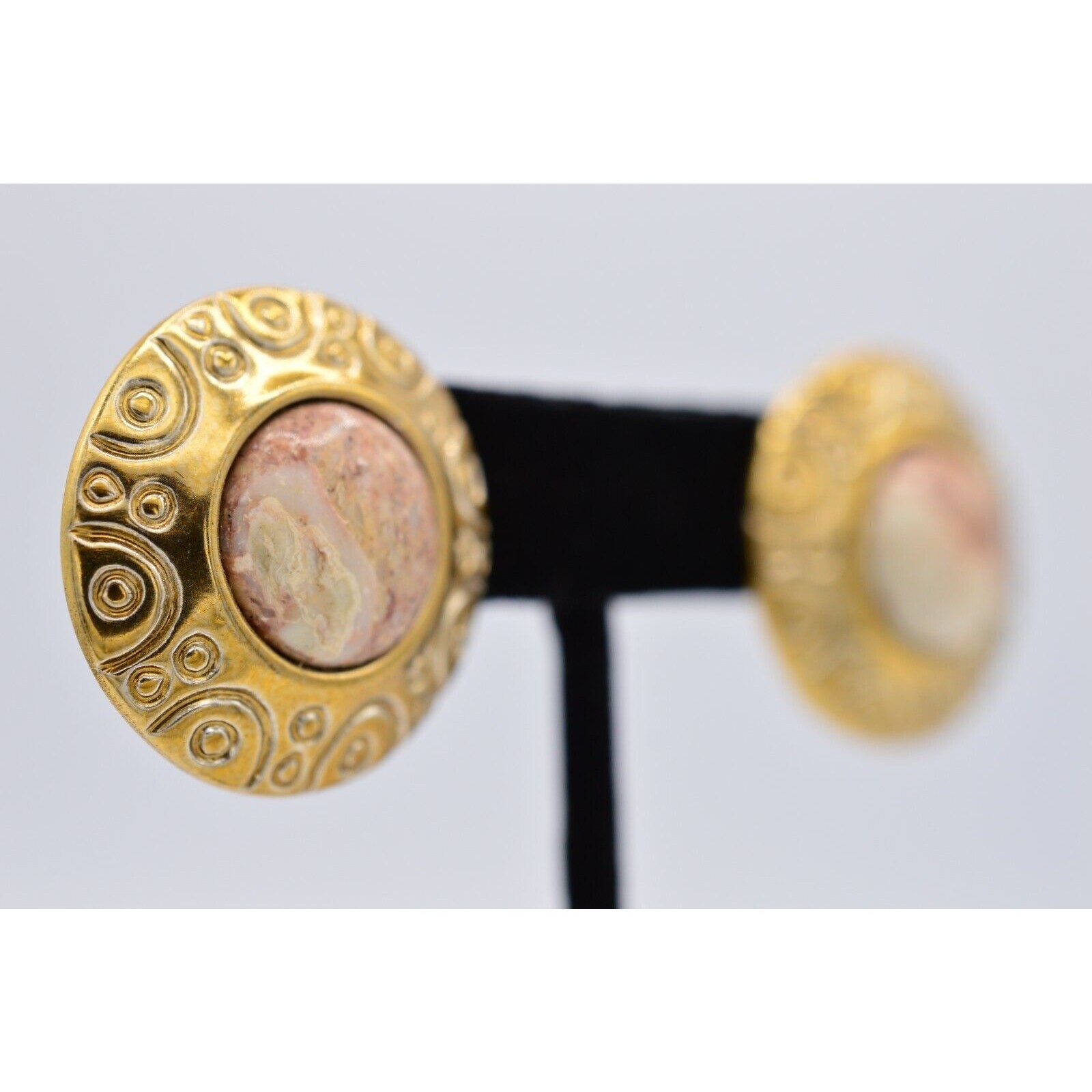 Vintage Earrings Marbled Faux Cabochon Lightweight Metal Chunky 1980s BinAF