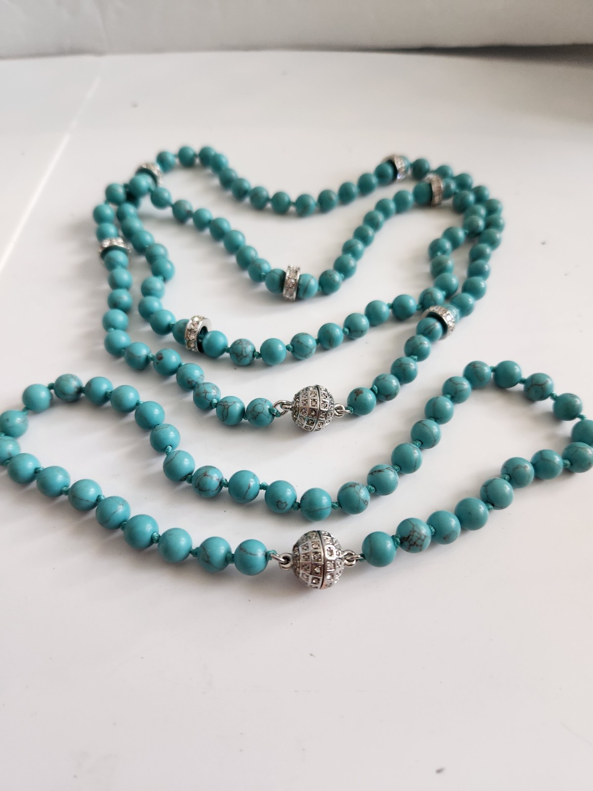 Vintage Genuine Turquoise Pave Rhines Hand Knot Necklace 50″ Mag Adjust 16 + 34