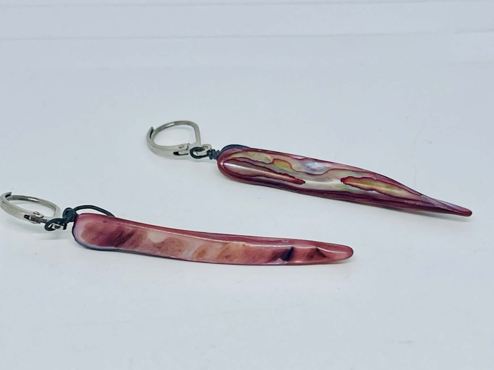 Vintage Colorful Pink Purple Blue Abalone Shell Talon Earrings Silver Leverback