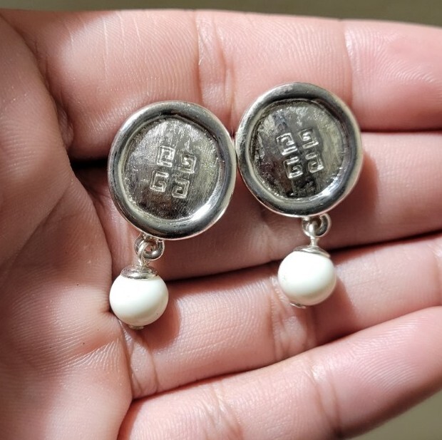 Vintage Givenchy Signed Logo Silver Tone with White Ball Pierced Dangle Earrings