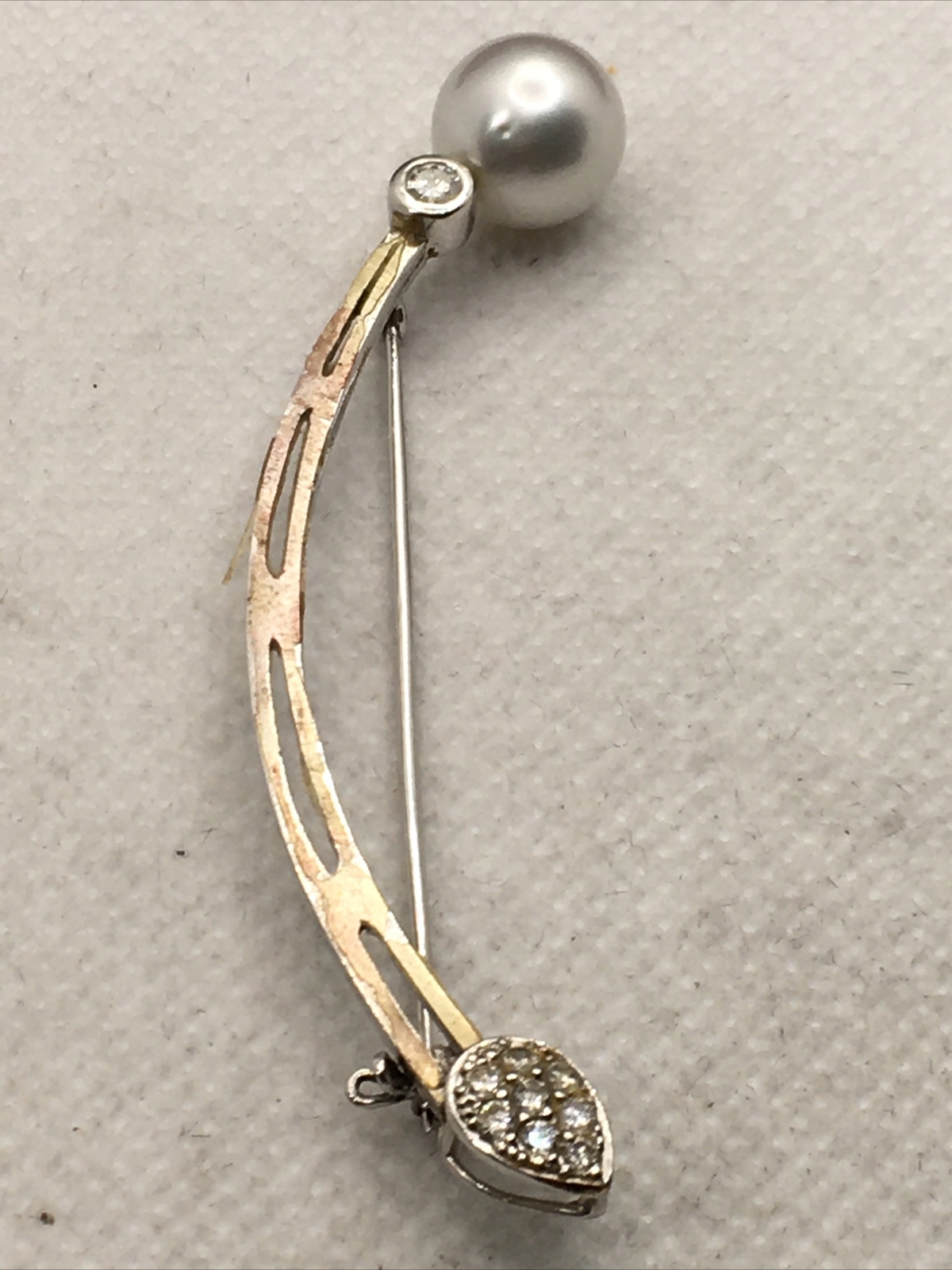 VINTAGE 18K White Gold South Sea Pearl & 0.35CTW Diamond Handmade Pin Brooch 6gr