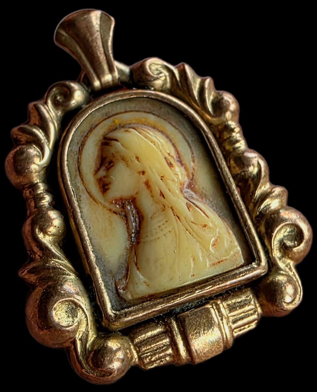 Fine Antique European Art Deco Gold Silver Virgin Mary Pendant Medal Ca 1900