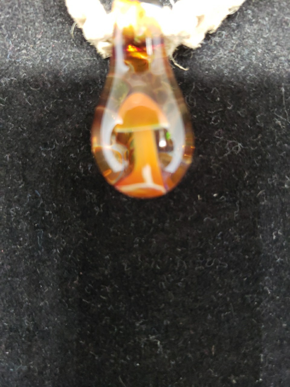 Vintage Blown Glass Hippie Mushroom Pendant Hemp Rope Necklace BOHO 15″Tie Back