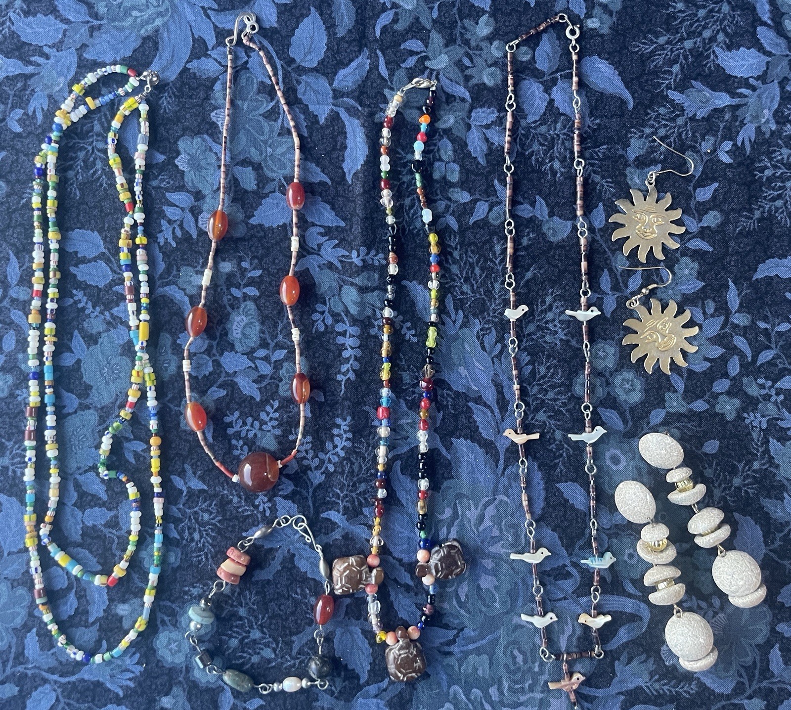 Vintage Bohemian Jewelry Lot Fetish Carved Bird Necklace Beads Sun Turtles