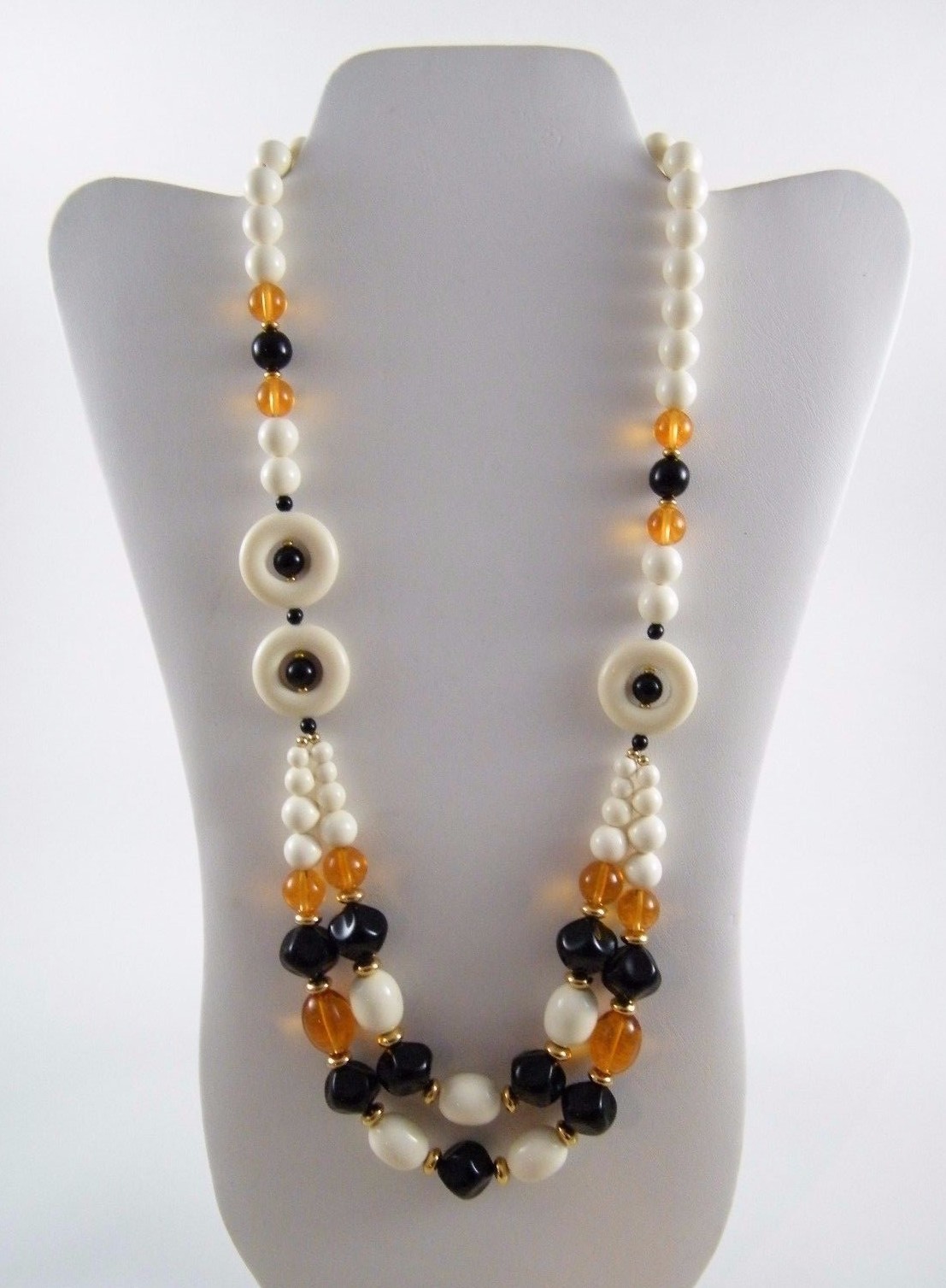 VINTAGE NEW TRIFARI~ CREAM / ORANGE / BLACK / GOLD TONE 24″ BEAD DOUBLE NECKLACE